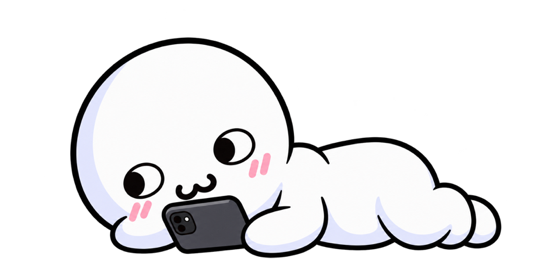 スマホを見ながら寝そべるキャラクター